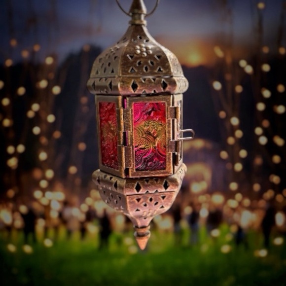 Pier 1 Elegant Gold and Red Moroccan Glass Lantern Hanging Candle Holder - Picture 2 of 6